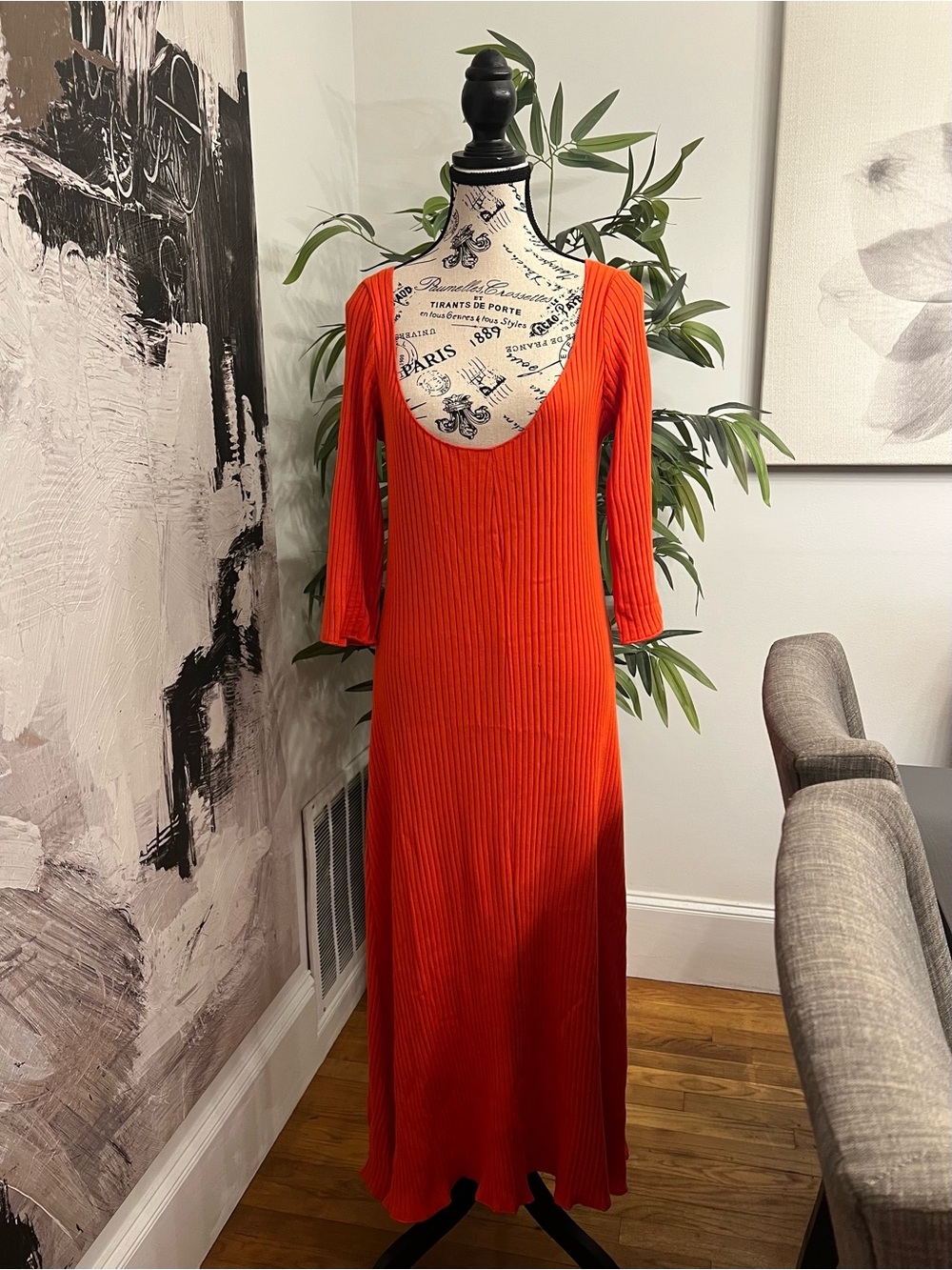 Zara Orange Ribbed Maxi Scoop Neck Dress